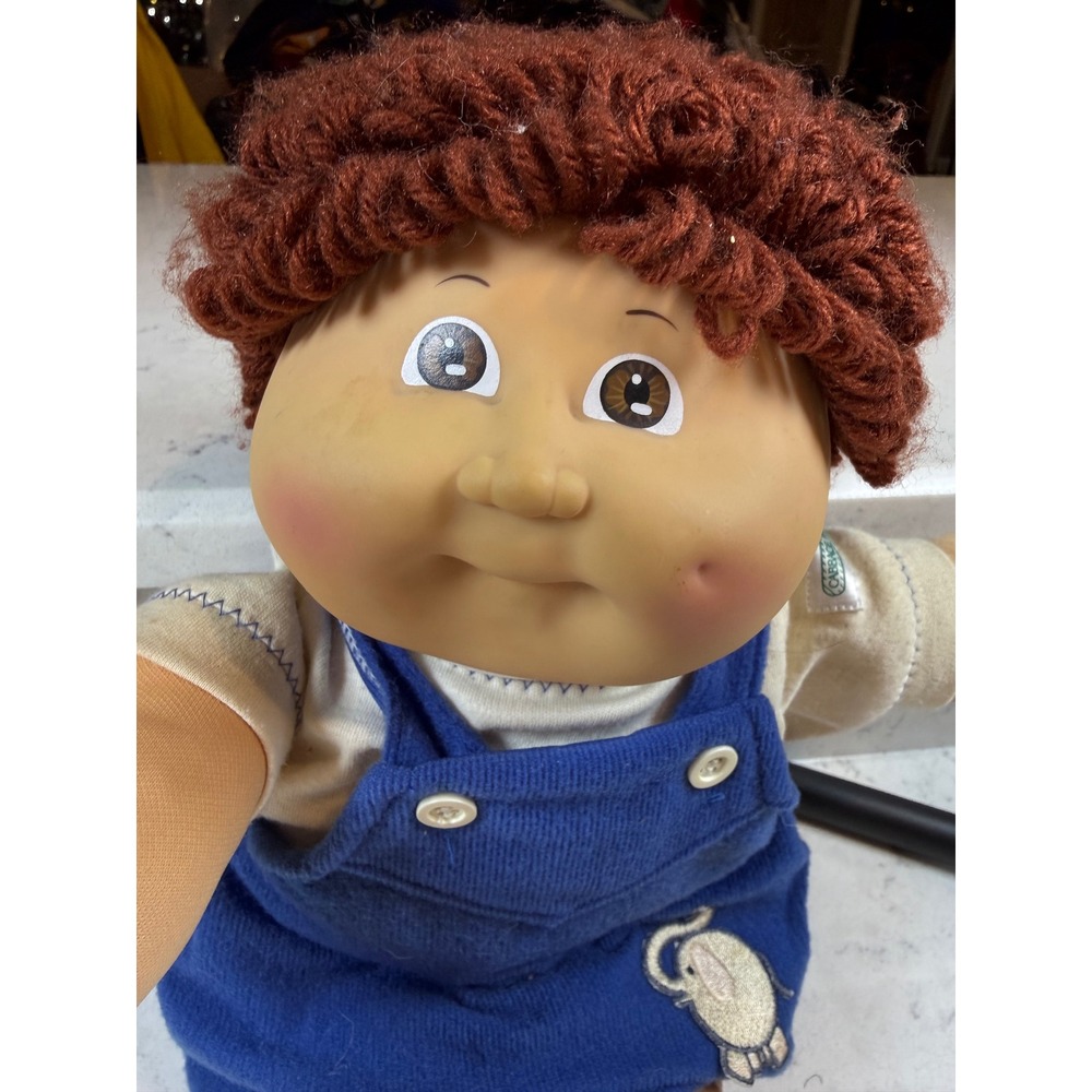 Vintage 1985 Cabbage Patch Kids Boy Doll Auburn Yarn Hair Blue Elephant Overalls
